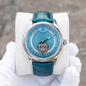 นาฬิกาอัตโนมัติ Flying Tourbillon หน้าปัดสีฟ้าอมเขียว ระบบ Jumping Hour ตัวเรือนสแตนเลส กระจกแซฟไฟร์ กลไกจักรกล  รับผลิตแบบ OEM ODM พร้อมสลักโลโก้ - Product Image 1