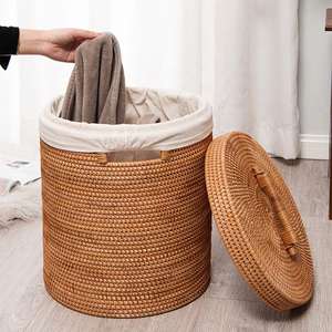 Panier de rangement rond en rotin naturel écologique pour boissons/aliments avec couvercle, poignée et doublure, décoration moderne multifonctionnelle pour la maison et l'hôtel - Product Image 3