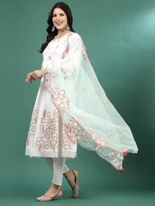 ชุดเดรส Anarkali ผ้าฝ้ายสำหรับผู้หญิง ความยาวระดับเข่า แขนยาว คอทรงโอ ทรงเอ พิมพ์ลายดอกไม้ - Product Image 4