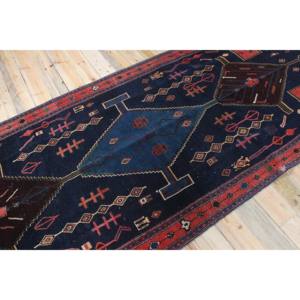Tapis turc vintage 4,8x11,7 pieds, tapis bleu géométrique en laine - Product Image 2