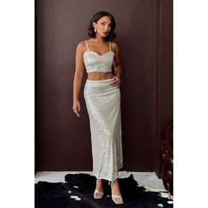 Jupe longue élégante Topshow pour femme, couleur pierre, ornée de paillettes – Jupe maxi en polyester pour soirées et fêtes - Product Image 1
