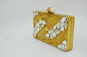 Gold Metal <b>Clutch</b> with Diagonal Textured Pattern Shell Inlay Crystal <b>Pearl</b> Accents Luxury Handcrafted Designer Bag Evening - Product Image 3