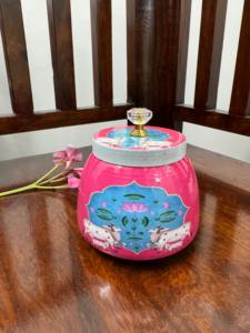 Tarro de metal colorido con estampado de Pichwai, tarro de artesanía indio decorativo para regalos de devolución de matrimonio y eventos religiosos - Product Image 6