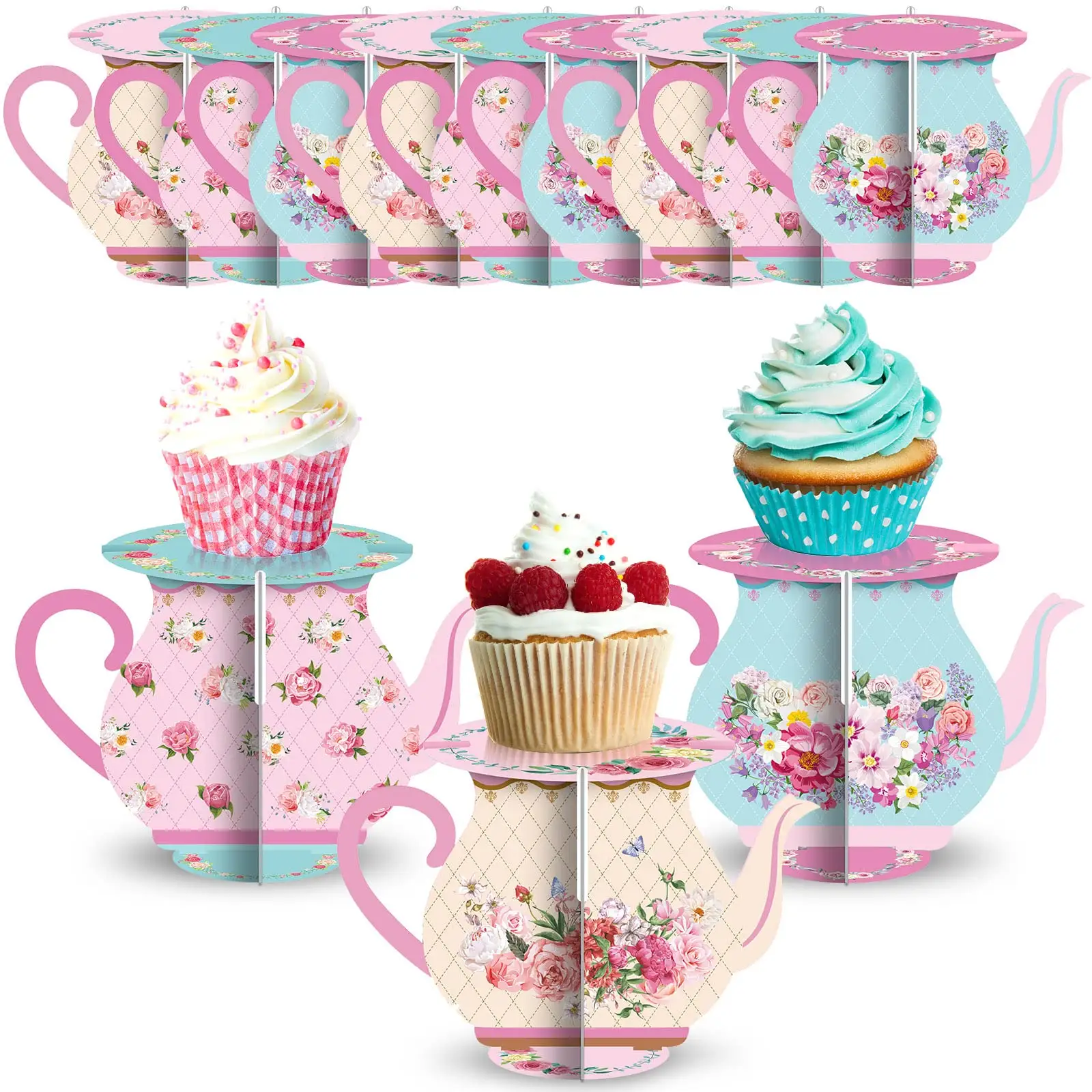 Soporte para cupcakes de tetera, recuerdo de fiesta, decoración de mesa de fiesta de té Vintage, soporte para pastel de flores para suministros de fiesta de té