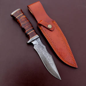 Cuchillo de caza Bowie de acero de Damasco de alta calidad hecho a mano de lujo personalizado mango de Micarta marrón Funda de cuero cuchillo directo OEM - Product Image 2