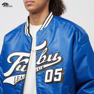 Custom Satin Baseball Teams Jacket with Front Embroidery Stand Collar for Winter Season with Team Number and Name - Product Image 4