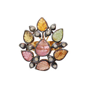 Anillo de diseño de hoja de plata de ley chapada en oro tallado con múltiples turmalinas y diamantes naturales Vintage para bodas y aniversarios - Product Image 1