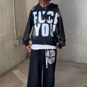 เสื้อแจ็คเก็ตซิปผู้ชายประดับพลอยเทียมปักลายกำหนดเองได้เสื้อฟลีซซักแบบวินเทจมีฮู้ดผ้าคอตตอน100% สไตล์สตรีทแวร์ - Product Image 2