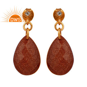 Boucles d'oreilles en pierre de soleil en forme de poire, plaquées or, argent sterling, boucles d'oreilles pendantes, bijoux en gros, collection classique - Product Image 4