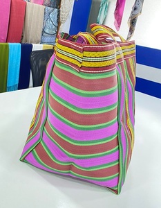 Bolsos ecológicos a rayas multicolores para mujer fabricados en la India plástico reciclado tejido nailon dos compras al aire libre impermeables - Product Image 1