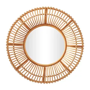 Cheap Wall Decor Item Bamboo Crafts Vintage Rattan Wicker Handmade Wholesale Wall Mounted Mirror Wooden Natural Hanging Mirrors