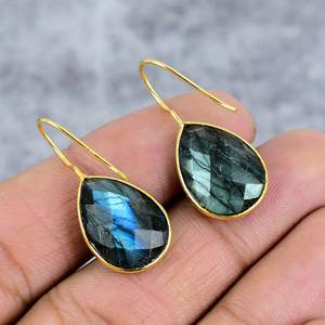 Labradorite 925 <b>Sterling</b> <b>Silver</b> Gold Plated Pear Gemstone <b>Earrings</b> Wire <b>Earrings</b> for <b>Women</b> Dainty Wedding <b>Earrings</b> Gift for Her - Product Image 4