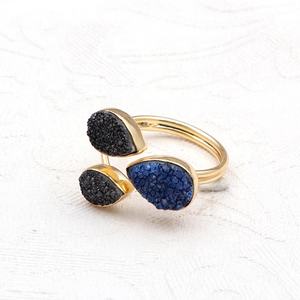 Bague de créateur faite à la main plaqué or Triple Druzy pierres précieuses noir et jaune poire Druzy anneaux de mode réglables - Product Image 4