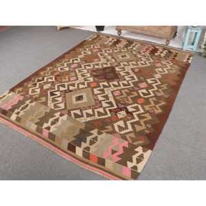 พรมขนาด 6x8 ฟุต, พรมตุรกีโบราณขนาดใหญ่, พรมขนสัตว์สีน้ำตาลคิลิม - Product Image 2