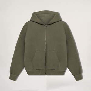 เสื้อสเวตเตอร์แบบมีฮู้ดสำหรับผู้ชายเสื้อสเวตเชิ้ตโอเวอร์ไซส์เปิดไหล่สีเขียวมะกอกแบบมีซิปรูดขึ้นสำหรับทุกเพศ - Product Image 4