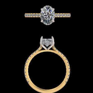 แหวนหมั้นเพชรทรงรีในทองคำ 14k 18k สีเหลือง พร้อมวงแหวนซ่อนและเพชรทรงกลมเจียระไนแบบ Pave Set - Product Image 2