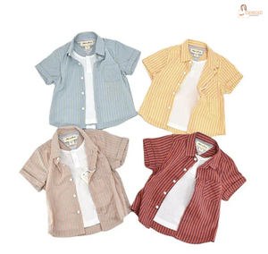 Conjunto de dos piezas de camisa de solapa de manga corta para niños a rayas transpirables de algodón informal para niños - Product Image 2