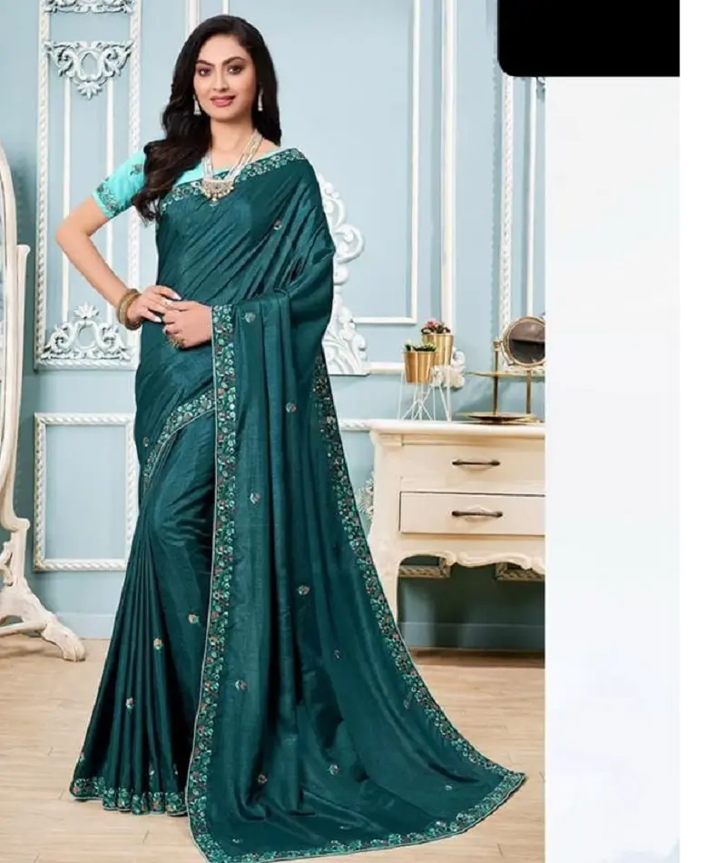 Abbigliamento etnico indiano Vichitra silk Saree C-pllu funziona con fili ricamati sari da lavoro e camicetta pesante Banglory con lavori pesanti