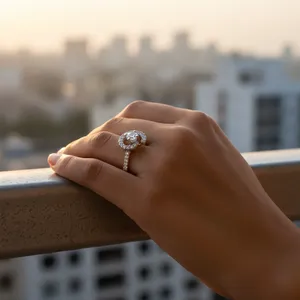 <b>925</b> <b>Silver</b> <b>Silver</b> Round Brilliant Cut Prong Set Minimalist Halo Diamond Engagement <b>Ring</b> for Women - Product Image 3