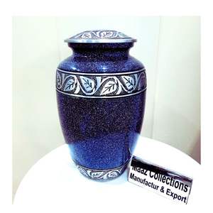 Urna de cremación de Metal de estilo americano azul hecha a mano, diseño de hoja de plata, tarro de recuerdo de cenizas funerarias decorativas, exportador fabricado - Product Image 1