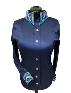 Camisa Cowgirl Western Show hecha a mano en azul marino impresa en tela de tafetán elástico para uso ecuestre - Product Image 4