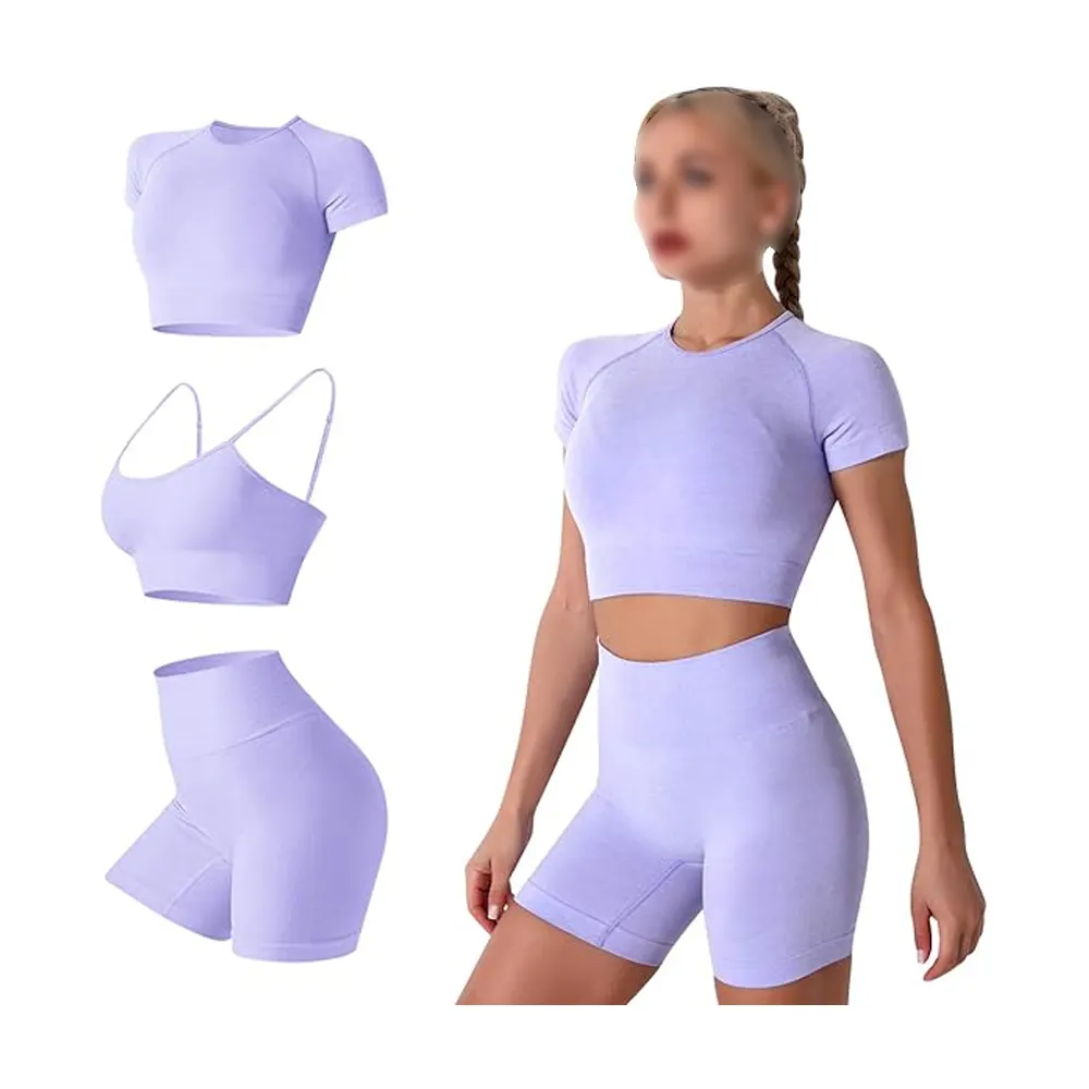 Traje de yoga sin costuras para mujer con pantalones cortos de ejercicio de cintura alta, Sujetador deportivo y chándal de 3 piezas en elegantes chándales de color lila