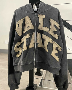 Sweat à capuche pour hommes poids lourd en détresse Acid Wash Patchwork Design Brodé Strass Imprimé Techniques Respirant Nouveau Design - Product Image 3