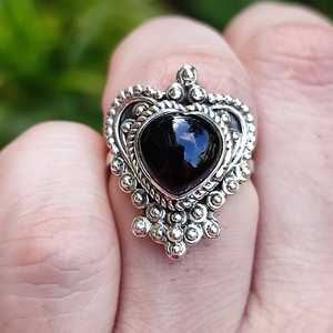 925 Sterling <b>Silver</b> Handmade Women's <b>Statement</b> <b>Ring</b> Black Onyx Gemstone with Heart Set in <b>Silver</b> Black Onyx <b>Silver</b> <b>Ring</b> - Product Image 1