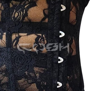 Sexy Overbust Black Floral Lace Overlay Steel Boned Overbust Corset and Matching Full-Length Mesh Leggings - Product Image 5