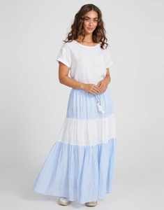 Falda maxi a cuadros con cintura elástica, cordón con cuentas de madera y borlas, y diseño escalonado de moda para mujer - Product Image 3