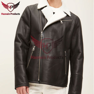 <b>Mens</b> Real <b>Shearling</b> Leather <b>Jacket</b> Black White Fur Collar Asymmetric Zip Pocket Sheepskin Aviator Coat Custom Winter Outer - Product Image 4