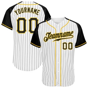 Camiseta de béisbol con mangas raglán auténtica blanca personalizada con rayas negras y ropa deportiva con estampado de oro y negro - Product Image 1