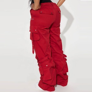 Producto de Moda, Ropa Deportiva, Pantalones Cargo para Mujer en Oferta, Pantalones Cargo Deportivos Elásticos de Color Rojo Sólido para Mujer - Product Image 3
