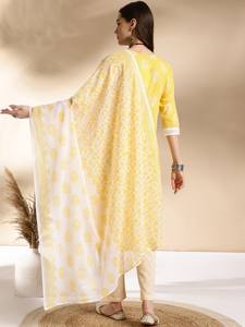 <b>women</b> Yellow Floral Printed Straight Pure Cotton Kurta with <b>Trousers</b> & Dupatta indian pakistani salwaar kameez <b>suit</b> - Product Image 5