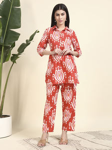 Premium Cotton Knitting Floral Button Pattern Above Knee Slit Summer Shirt Palazzo <b>One</b> Set Women | Breathable | Casual Ethnic - Product Image 3