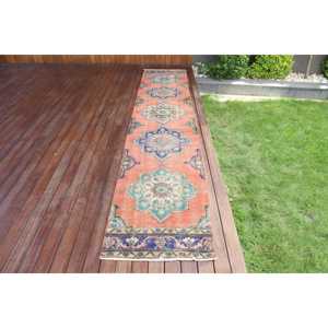 2.2x12.3 ft Vintage Rug, Turkish <b>Runner</b> Rug, <b>Red</b> Polka dot Wool Rug - Product Image 1