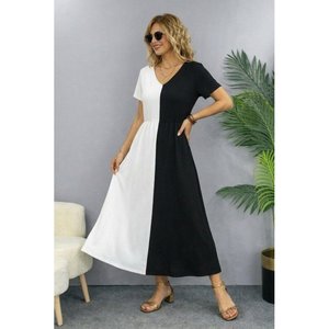 Vestido Midi de Viscosa Bicolor con Cuello en V y Manga Corta para Mujer de Jane's - Elegante, Corte en A, Informal para Uso Diario - Product Image 3