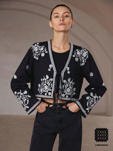 Dark Black Embroidered Womens Coat Winter <b>Jacket</b> with Floral <b>Pattern</b> and Button Decoration Woven Cotton Fabric Autumn Wear - Product Image 2
