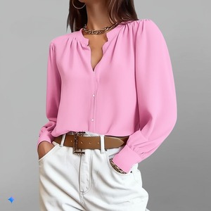 Blusa de Chifón Rosa Casual de Verano al por Mayor para Mujer, 100% Algodón Tejido, Cuello Redondo, Botones, Manga Abullonada Tres Cuartos, Secado Rápido, Personalizable - Product Image 1