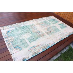 Alfombra Turca de 4x6.8 pies, Alfombra Vintage, Alfombra de Lana con Diseño Floral Azul Verde - Product Image 2