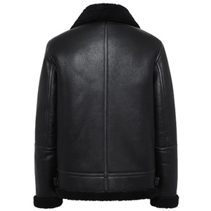 Blouson aviateur en cuir véritable en peau de mouton, fermeture éclair en fourrure, rembourrage en coton, noir - Product Image 4