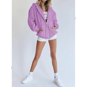 Sweat à capuche zippé personnalisable OEM pour femmes Col à capuche avec poches kangourou surdimensionnées à épaules tombantes pour femmes - Product Image 4