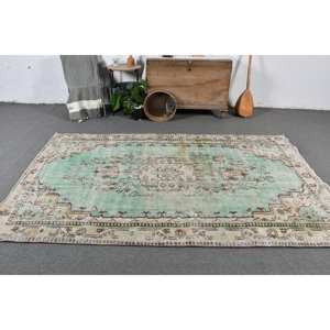 Tapis Vintage Turc Classique Vert Beige 5.2X8.5 ft Laine Latex Patchwork pour Adolescents Rectangle Couloir Chambre Tapis - Product Image 2