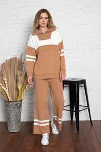 Haute qualité femmes s tricots rayé fermeture éclair surdimensionné deux pièces ensemble tenue décontracté tenue de bureau pull pantalon ensemble - Product Image 3