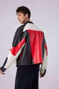 Casual diseño personalizado de alta calidad bordado moda negro y rojo PU piel de vaca chaqueta de cuero hombres chaqueta con cremallera - Product Image 2