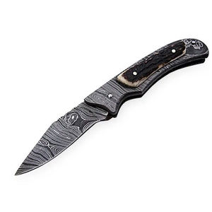 Couteau pliant de survie en plein air fait main à prix abordable, avec étui en cuir, manche en bois et lame en acier Damas - Product Image 2