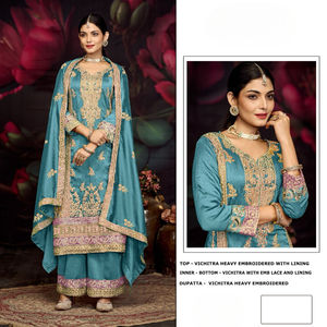 VICHITRA Salwar Kameez con Bordado Intenso y Forro, Diseño de Encaje en la Parte Inferior, Material de Seda, Secado Rápido, Estilo Fiesta, Para Todas las Estaciones - Product Image 2