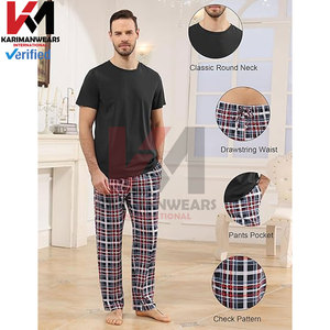 <b>Men's</b> Cotton <b>Pajamas</b> <b>Set</b> <b>Short</b> Sleeve Top and Plaid Long Pants Loungewear Sleepwear <b>Set</b>, Soft & Breathable 2-Piece Nightwear - Product Image 3
