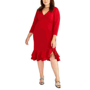Vestido Tubo con Volantes en el Bajo, Talla Grande 16W, para Mujer, Marca Rachel Roy, Color Rojo Brillante, Cintura Natural - Product Image 1