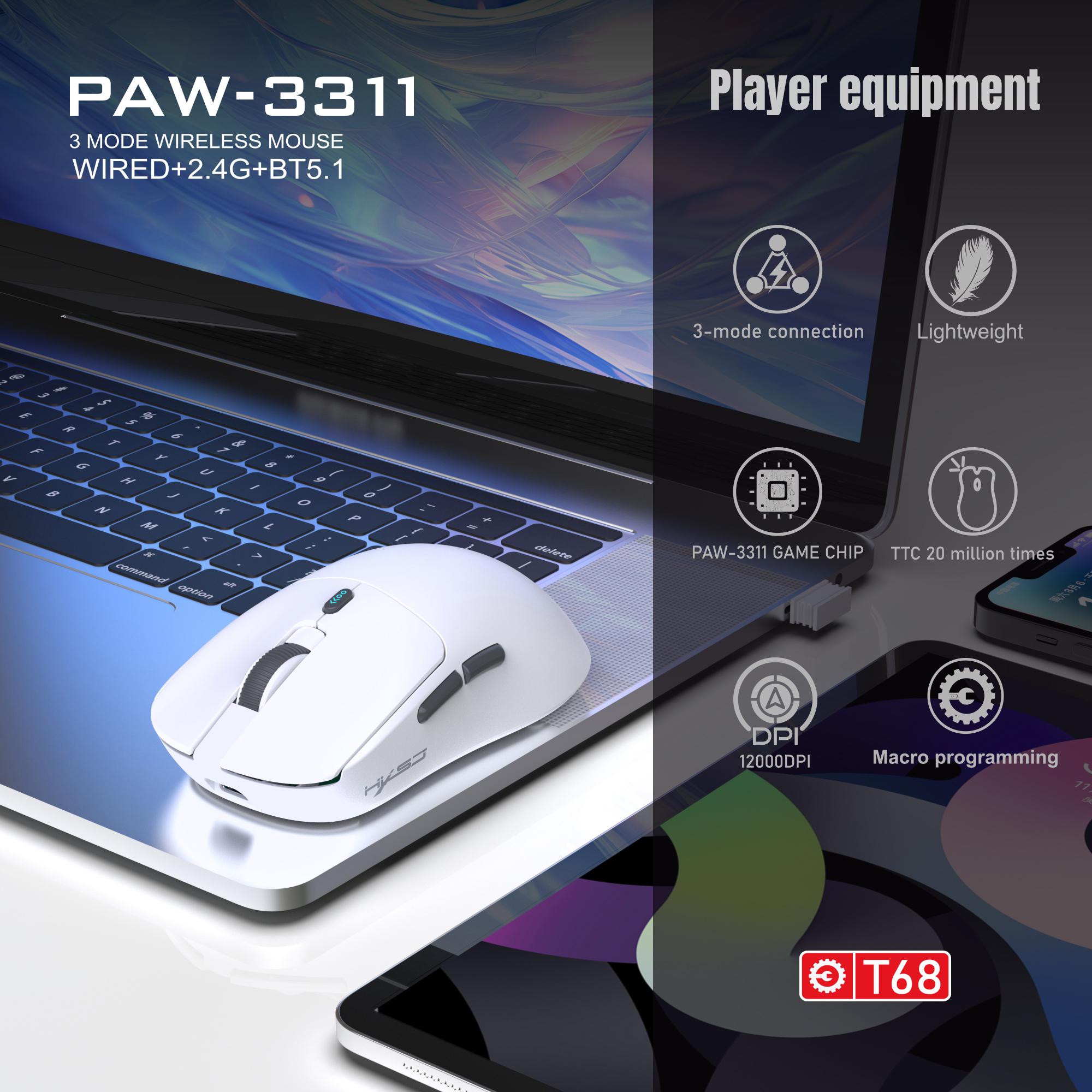 HXSJ T68 Tri-Mode 12000DPI Optical Gaming Mouse - Right-Handed, 7